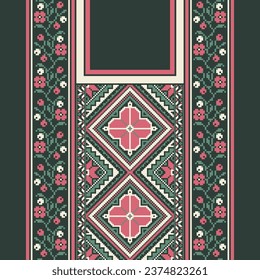 floral embroidery neckline background. ikat and cross stitch geometric seamless pattern ethnic oriental traditional. Aztec style illustration design for carpet, wallpaper, clothing, wrapping, batik.