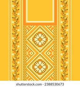 floral embroidery neckline background. ikat and cross stitch geometric seamless pattern ethnic oriental traditional. Aztec style illustration design for carpet, wallpaper, clothing, wrapping, batik.