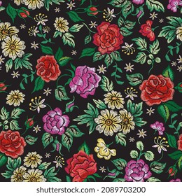 Floral embroidery pattern. Embroidered background, flower garden vintage print. Silk stitch imitation, roses, peony and daisy nowaday vector seamless texture