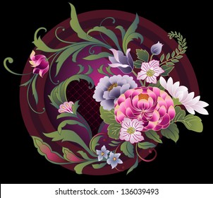 Floral Embroidery Pattern In Japanese Kimono Style