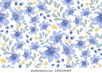 Floral embroidery pattern seamless embroidery ethnic Hand drawn lily Flower motifs paisley print template. Blue watercolour flowers ikat design Vector illustration. 