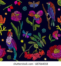 Floral embroidery with rowan. Seamless vector pattern with birds and flowers. Vintage motifs. Retro textile design collection. Colorful on dark.