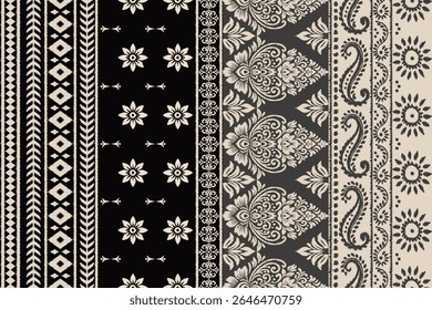 Floral Embroidery Saree Pattern in Traditional Ethnic Ikat Style, Seamless Abstract Fabric Design for Clothing Wrapping and Decoration, Ornamental Textile Motif Vector.