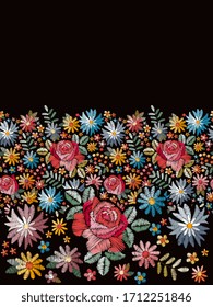 Floral embroidery. Seamless embroidered border with bright colorful flowers on black background. Print for summer dresses. Fashion design. Vector illustration.