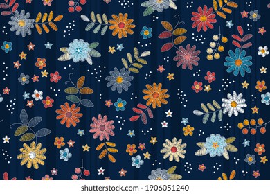 Floral embroidery seamless pattern. Colorful flowers, leaves, berries and dots on striped background. 