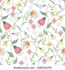 Floral embroidery seamless pattern. Sketch hand drawn botanical motifs. Doodle line, dash garden flowers, leaves, branches. Colorful vector texture for fashion, fabric, wallpaper, print. Retro style