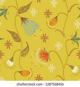 Floral embroidery seamless pattern. Sketch hand drawn botanical motifs. Doodle line, dash garden flowers, leaves, branches. Color vector texture for fashion, fabric, print in retro, ethic modern style