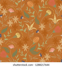 Floral embroidery seamless pattern. Sketch hand drawn botanical motifs. Doodle line, dash garden flowers, leaves, branches. Color vector texture for fashion, fabric, print in retro, ethic modern style