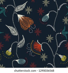 Floral embroidery seamless pattern. Sketch hand drawn botanical motifs. Doodle line, dash garden flowers, leaves, branches. Color vector texture for fashion, fabric, print in retro, ethic modern style