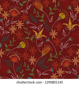Floral embroidery seamless pattern. Sketch hand drawn botanical motifs. Doodle line, dash garden flowers, leaves, branches. Color vector texture for fashion, fabric, print in retro, ethic modern style