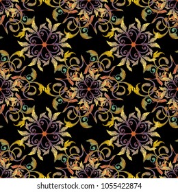 Floral embroidery seamless pattern. Vector vintage background with tapestry colorful flowers, swirl leaves, scrolls, grunge antique ornaments in baroque style. Embroidered texture for fabric, prints