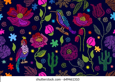 Floral embroidery. Seamless vector pattern with birds, plants and flowers. Vintage motifs. Retro textile design collection. Colorful on dark.