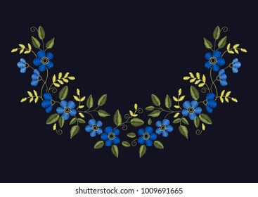 Floral Embroidery set with blue flowers for your design, cards, prints, fabrics. Vector illustration.