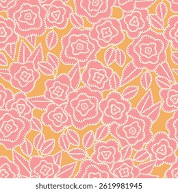 Floral embroidery vector background. Abstract seamless pattern with flowers and leaves. Lace texture. knitted by hand or machine. Granny and cottage core allover print for fabric, paper, textile, ads