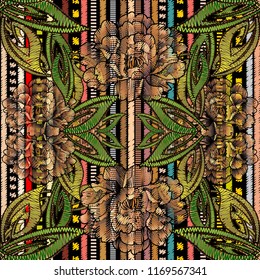 Floral embroidery vector seamless pattern. Striped colorful tapestry background. Embroidered roses flowers, green grunge leaves, stripes.  Trendy decorative geometric design. Tapestry ornate texture. 