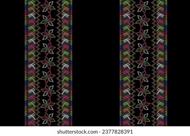 Floral embroidery,crosstich,ethnic pattern,pink green white flower on black background,abstract,traditional pattern,hilltripe style,ancient culture design for fabric,costume,clothing,wrapping,crafting