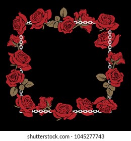 Floral empty frame isolated on black background. Red roses and chain . Vector illustration.