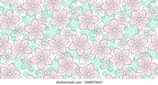 Floral endless background with colorful spring flowers. Vector seamless pattern for wrapping paper, packaging, cover, banner, greeting card, surface texture, website wallpaper and printing on clothes