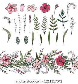Floral endless horizontal brush and set of isolated floral elements