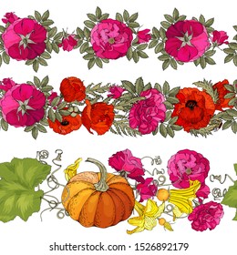 Floral endless pattern brushes. Made of roses, pumpkins and poppy. Flowers for romantic design, decoration, greeting cards, posters, wedding invitations, advertisement. Objects on white.