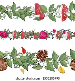 Floral endless pattern brushes. Made of snow berry, fly agarics, cones, roses. Flowers for decoration, greeting cards, posters, advertisement. Objects on white.