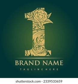 Ornamento floral grabado número 1 ilustraciones vectoriales de letras monográficas para el logotipo de su trabajo, camiseta de mercancía, pegatinas y diseños de etiquetas, afiche, tarjetas de felicitación empresa comercial o marca