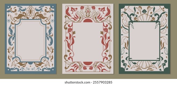 Floral engraving frame set. Elegant vintage posters with ornate calligraphic borders and copy space. Decorative design for menus and invitations. Hand drawn vector illustration isolated on background