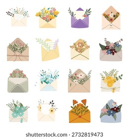 Coleção de envelope floral. Cartas de correio aberto vetoriais com buquês de flores de primavera para design de cartão de saudação isolado no branco
