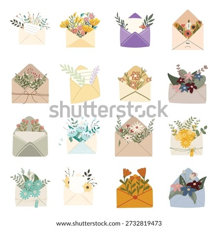 Floral envelope collection. Vector open mail letters with spring flower bouquets for greeting card design isolated on white