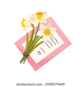 Floral envelope on white background. Mail letter with bouquet of daffodils. Gift for mother's day, woman, lovers. Vector isolated element