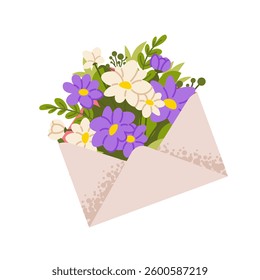 Floral envelope on white background. Mail letter with bouquet of flowers. Gift for mother's day, woman, lovers. Vector isolated element