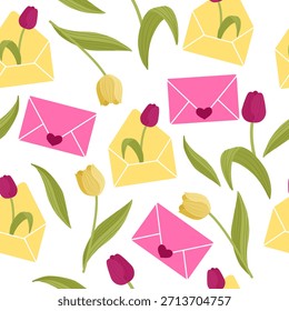 Sobre floral sin patrón con tulipanes y letras de corazón, formato de ilustración plana, perfecto para papelería romántica, envoltura de regalo, impresiones de tela, fondos y diseños decorativos.