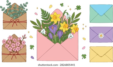 Floral envelope vector illustration set featuring beautiful spring flowers blossoms eucalyptus and colorful letters isolated on white background for greeting cards