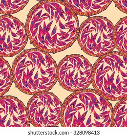 Floral ethnic decorative seamless pattern with circle elements and bamboo leaf. Colorful hand drawn vector illustration with geometric ornament.