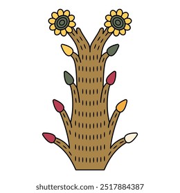 Desenho étnico floral dos índios astecas do códex mexicano. Árvore estilizada ou planta florescente com frutas e duas flores. Ilustração isolada de vetor.