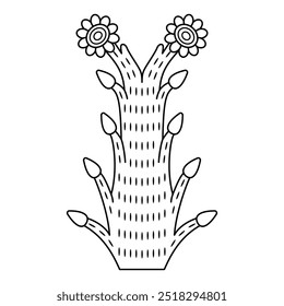 Floral ethnic design of Aztec Indians from Mexican codex. Stylized tree or blooming plant with fruits and two flowers. Black and white linear silhouette.