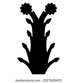 Floral ethnic design of Aztec Indians from Mexican codex. Stylized tree or blooming plant with fruits and two flowers. Black silhouette on white background.