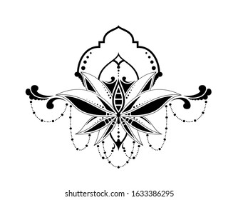 Floral ethnic elegant pattern, isolated in white background. Mehndi henna tribal design element. Drawing for tattoo, posters, decoration and print. Vector illustration