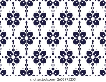 Floral, padrão de tecido étnico sem costura, azul e branco, estilo português, design para pano, tapete, batik, papel de parede, embalagem etc.
