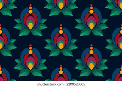 Floral ethnic ikat seamless pattern home decoration design. Aztec fabric carpet boho mandalas textile decorating wallpaper. Tribal native motif flower deco traditional embroidery vector background 