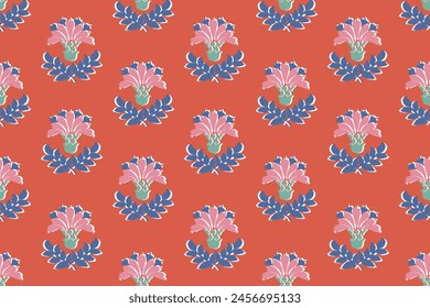 floral ethnic ikat seamless pattern traditional design for background, carpet, wallpaper, clothing, wrapping, fabric, vector illustration, embroidery style, Ajrakh, block print, batik print allovers