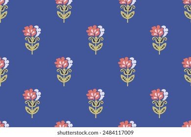 floral ethnic ikat seamless pattern traditional design for background, carpet, wallpaper, clothing, wrapping, fabric, vector illustration, embroidery style, Ajrakh, block print, batik print allovers