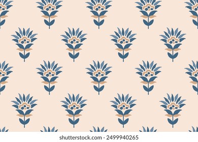 floral étnico ikat patrón sin fisuras diseño tradicional para el fondo, alfombra, Fondo de pantalla, ropa, envoltura, tela, Ilustración vectorial, estilo de bordado, Ajrakh, impresión en bloque, impresión de batik allovers