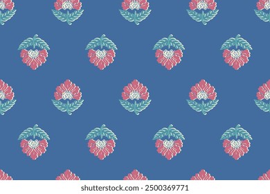 Floral ethnic ikat seamless pattern traditional design for background, carpet, wallpaper, clothing, wrapping, fabric, vector illustration, embroidery style, Ajrakh, block print, batik print allovers