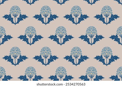 floral étnico ikat padrão sem costura design tradicional para fundo, tapete, papel de parede, roupas, envoltório, tecido, ilustração vetorial, estilo de bordado, Ajrakh, impressão de bloco, batik print allover