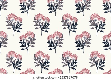 floral étnico ikat patrón sin fisuras diseño tradicional para el fondo, alfombra, Fondo de pantalla, ropa, envoltura, tela, Ilustración vectorial, estilo de bordado, Ajrakh, impresión en bloque, impresión de batik allovers