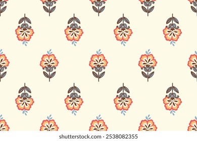 floral étnico ikat patrón sin fisuras diseño tradicional para el fondo, alfombra, Fondo de pantalla, ropa, envoltura, tela, Ilustración vectorial, estilo de bordado, Ajrakh, impresión en bloque, impresión de batik allovers