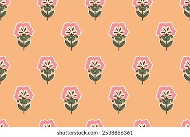 floral étnico ikat patrón sin fisuras diseño tradicional para el fondo, alfombra, Fondo de pantalla, ropa, envoltura, tela, Ilustración vectorial, estilo de bordado, Ajrakh, impresión en bloque, impresión de batik allovers