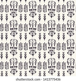 Floral ethnic leaf motif scandi style. Vector seamless pattern. Naive folk art nature textiles swatch. Boho modern plant home decor. Traditional isolated otomi motif. Trendy ethnic ink all over print.