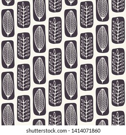 Floral ethnic leaf motif scandi style. Vector seamless pattern. Folk art nature carved block textiles swatch. Modern monochrome home decor. Isolated motif. Trendy plant leaves foliage all over print.